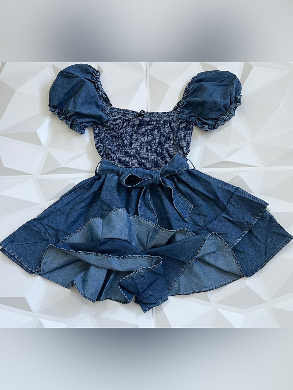 Indulge Blue Puff Sleeve Denim Dress with Waist Bow Size:L
